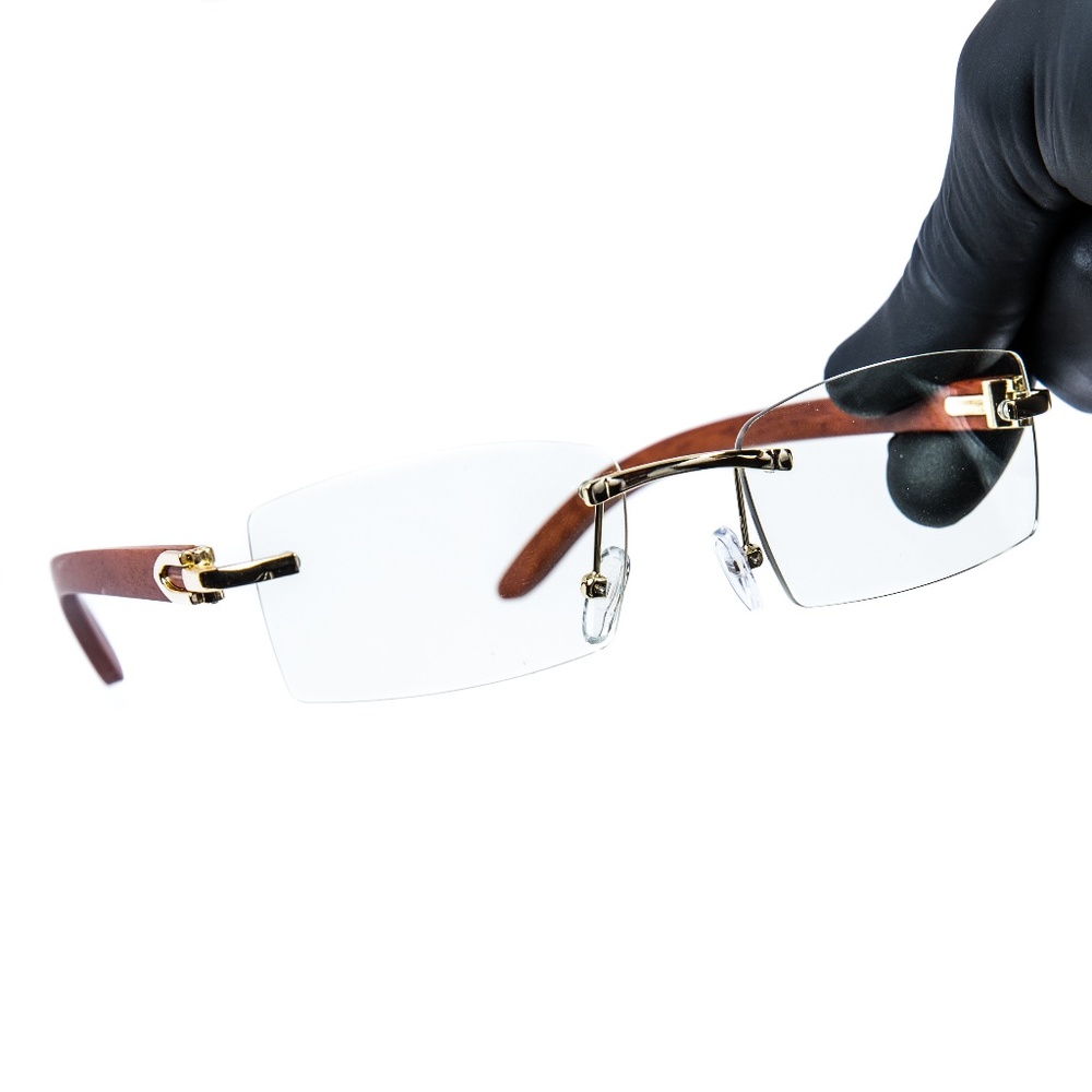 Rimless Wood Frame Retro Mens Clear Lens Glasses